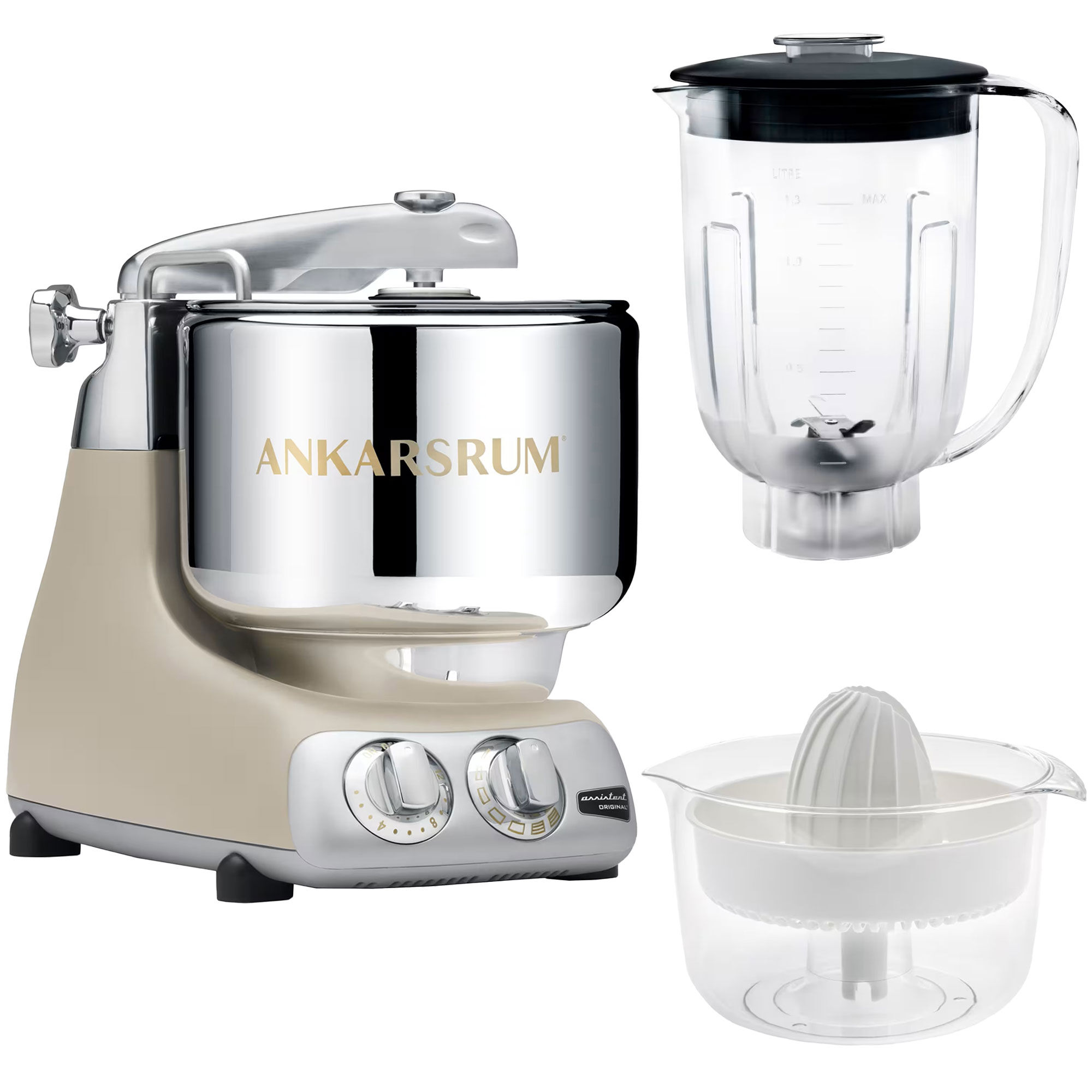 Ankarsrum Assistent AKM6230 + mixerkande og citruspresser, harmony beige Ankarsrum Assistent AKM6230 + mixerkande og citruspresser, harmony beige